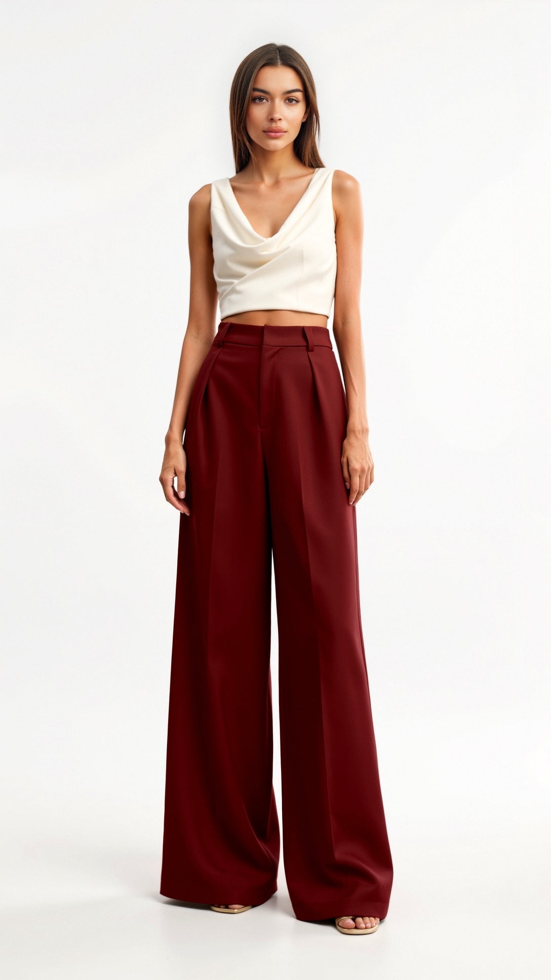 High Waist Wide-Leg Trousers for Women - Pleated Design with Side Pockets