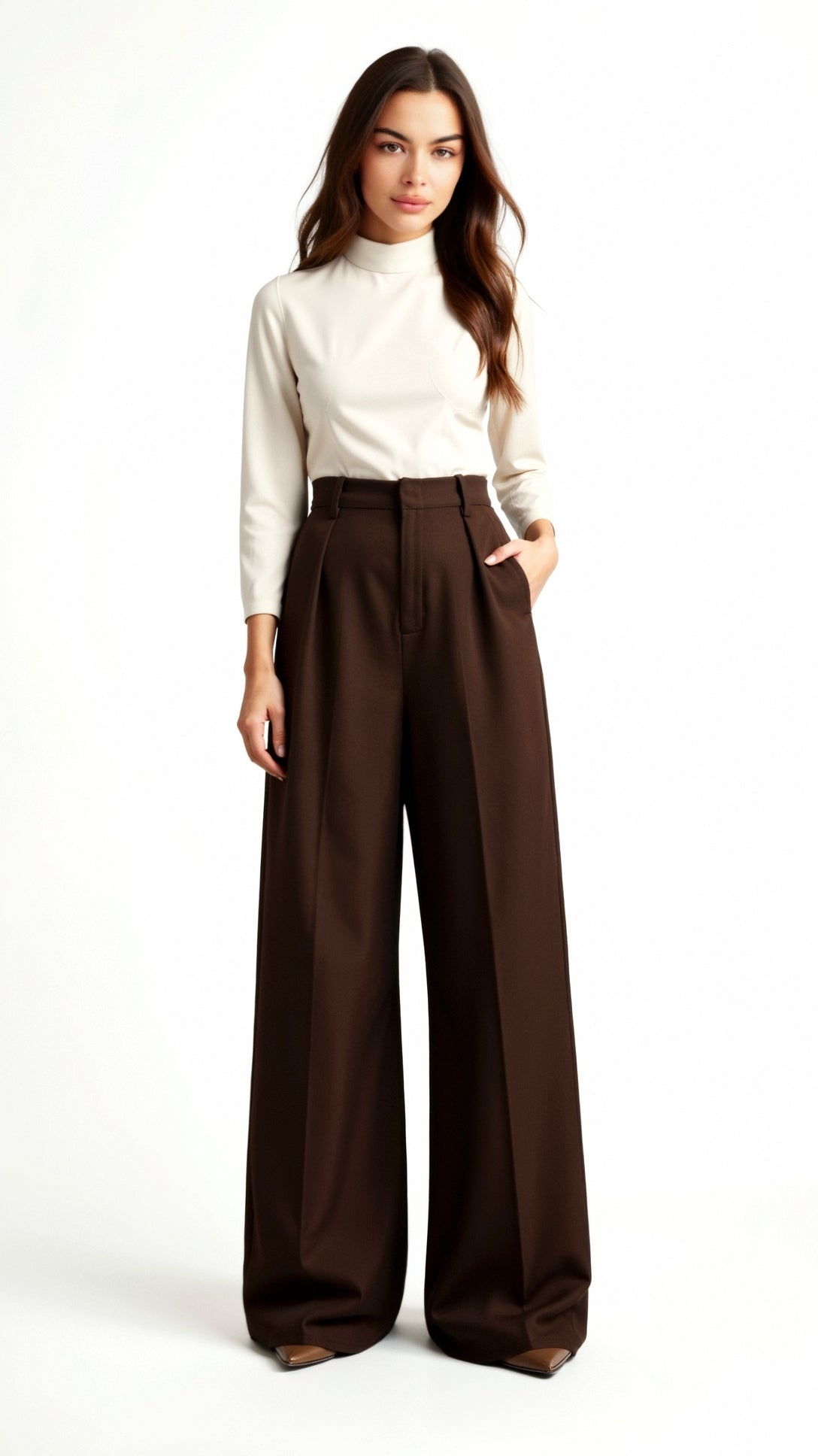 High Waist Wide-Leg Trousers for Women - Pleated Design with Side Pockets