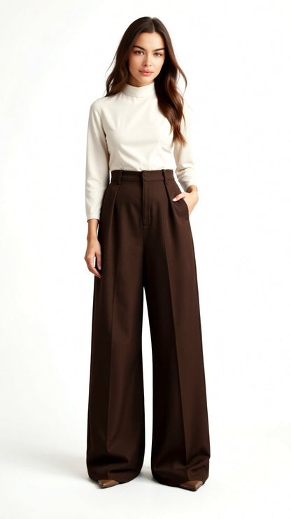 High Waist Wide-Leg Trousers for Women - Pleated Design with Side Pockets
