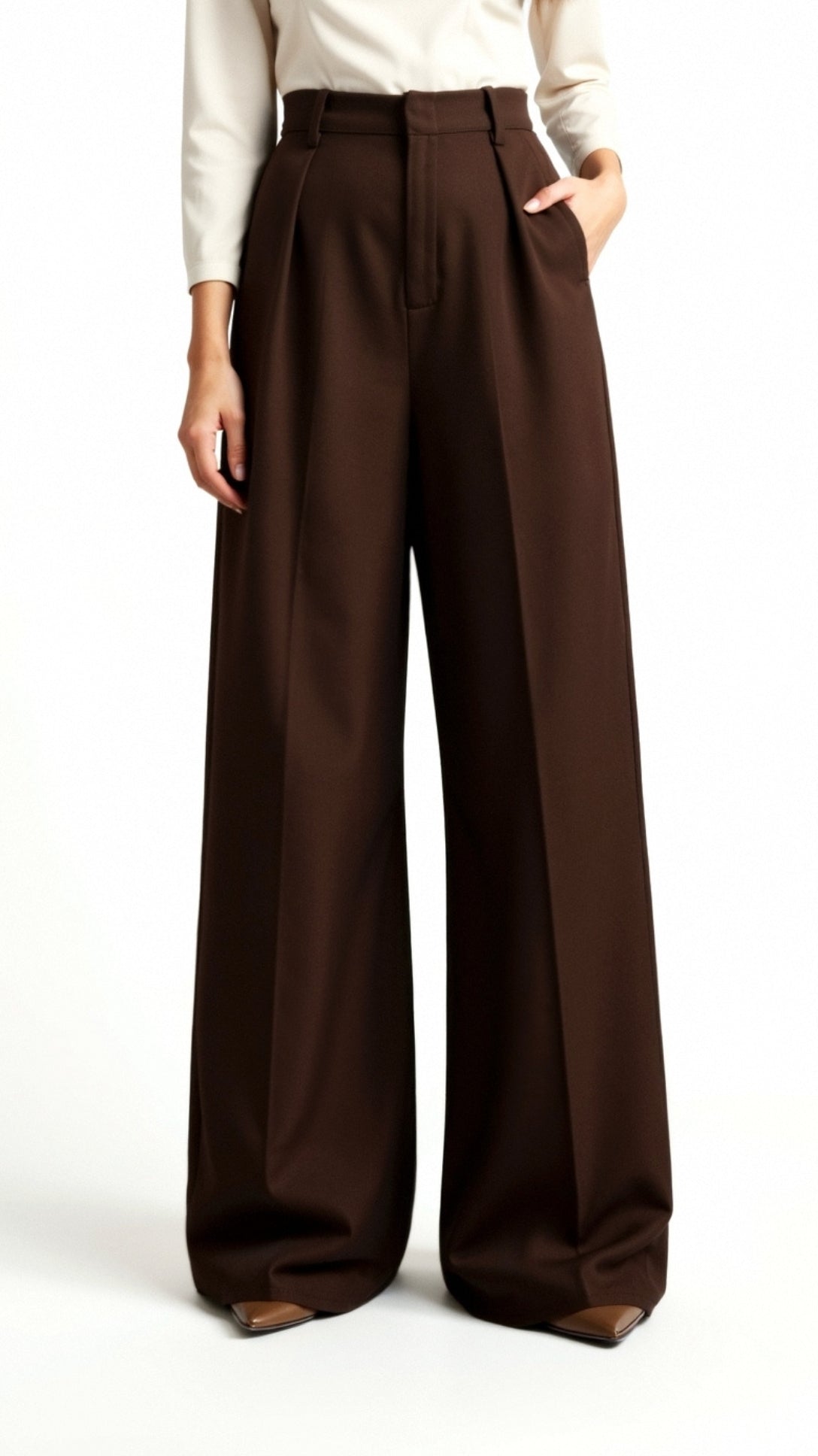 High Waist Wide-Leg Trousers for Women - Pleated Design with Side Pockets