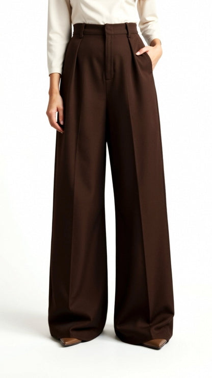 High Waist Wide-Leg Trousers for Women - Pleated Design with Side Pockets