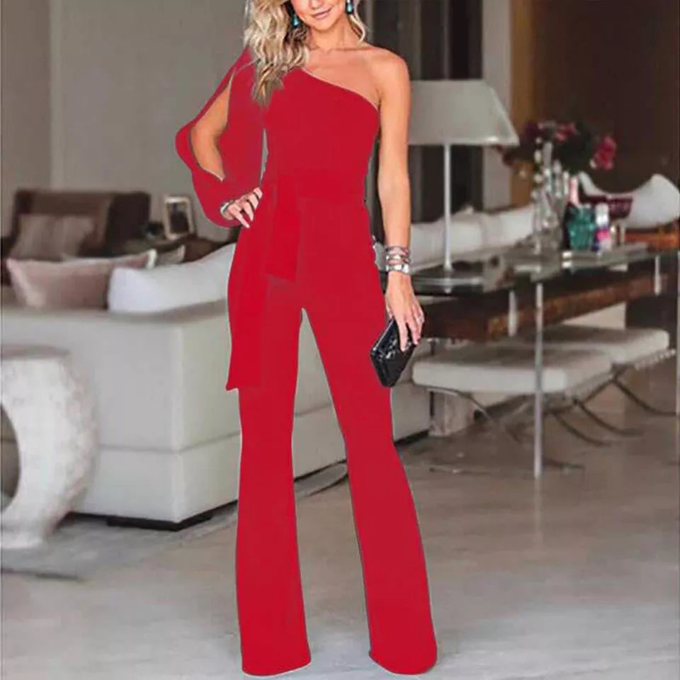 Dutton - One Shoulder Waist Tie Jumpsuits