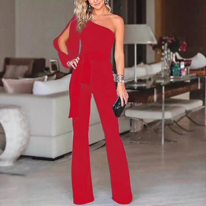 Dutton - One Shoulder Waist Tie Jumpsuit
