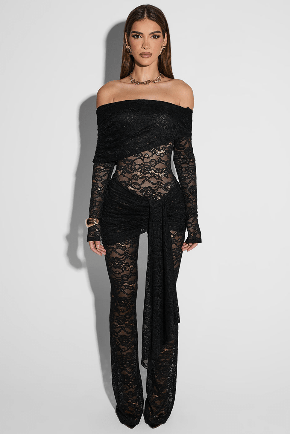 Chic Black Off-Shoulder Lace Jumpsuit for Women - Stylish Evening Wear