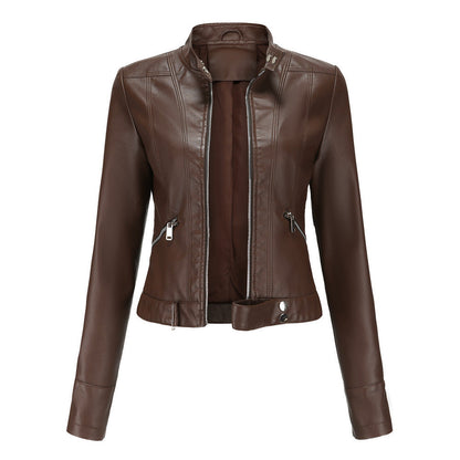 Stylish Women's Leather Jacket with Zipper, High Collar, and Adjustable Belt