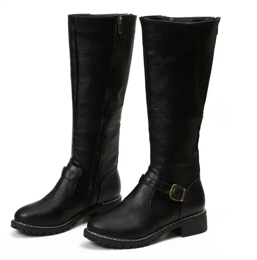 Stylish Women's Knee High Boots with Buckle Strap and Comfortable Low Block Heel
