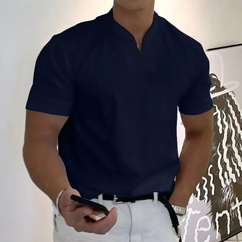 Men's Elegant V-Neck Short Sleeve Polo Shirt - Stylish Casual Wear