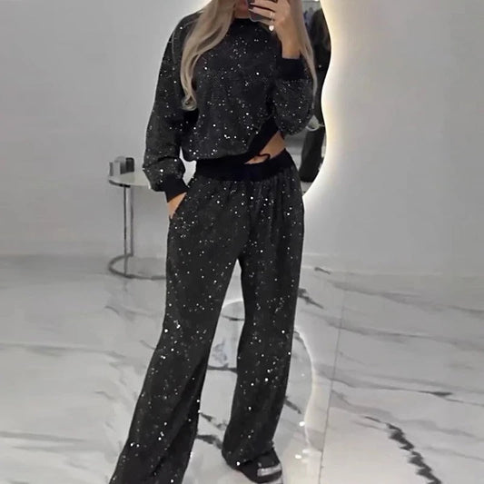 Laura - Two-Piece Set with Long Sequin Sleeves and Wide Legs with Drawstring