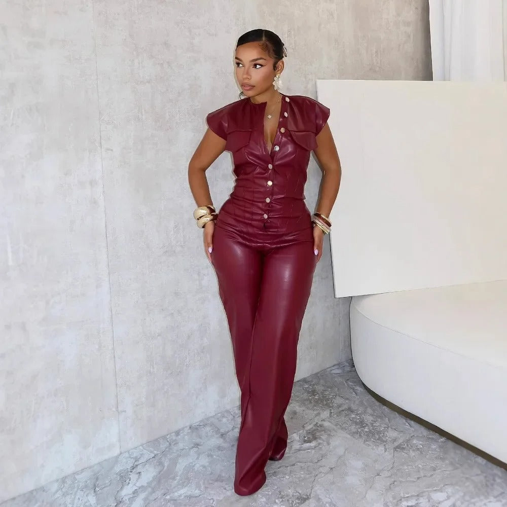 Leta - Sleeveless Faux Leather Jumpsuit