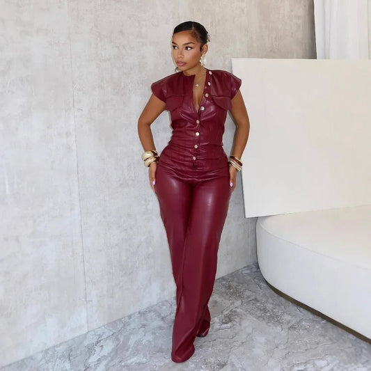 Leta - Sleeveless Faux Leather Jumpsuit