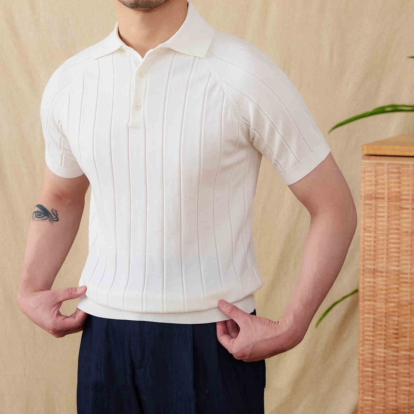 Men's Vertical Ribbed Raglan Polo Shirt - Stylish Casual Wear