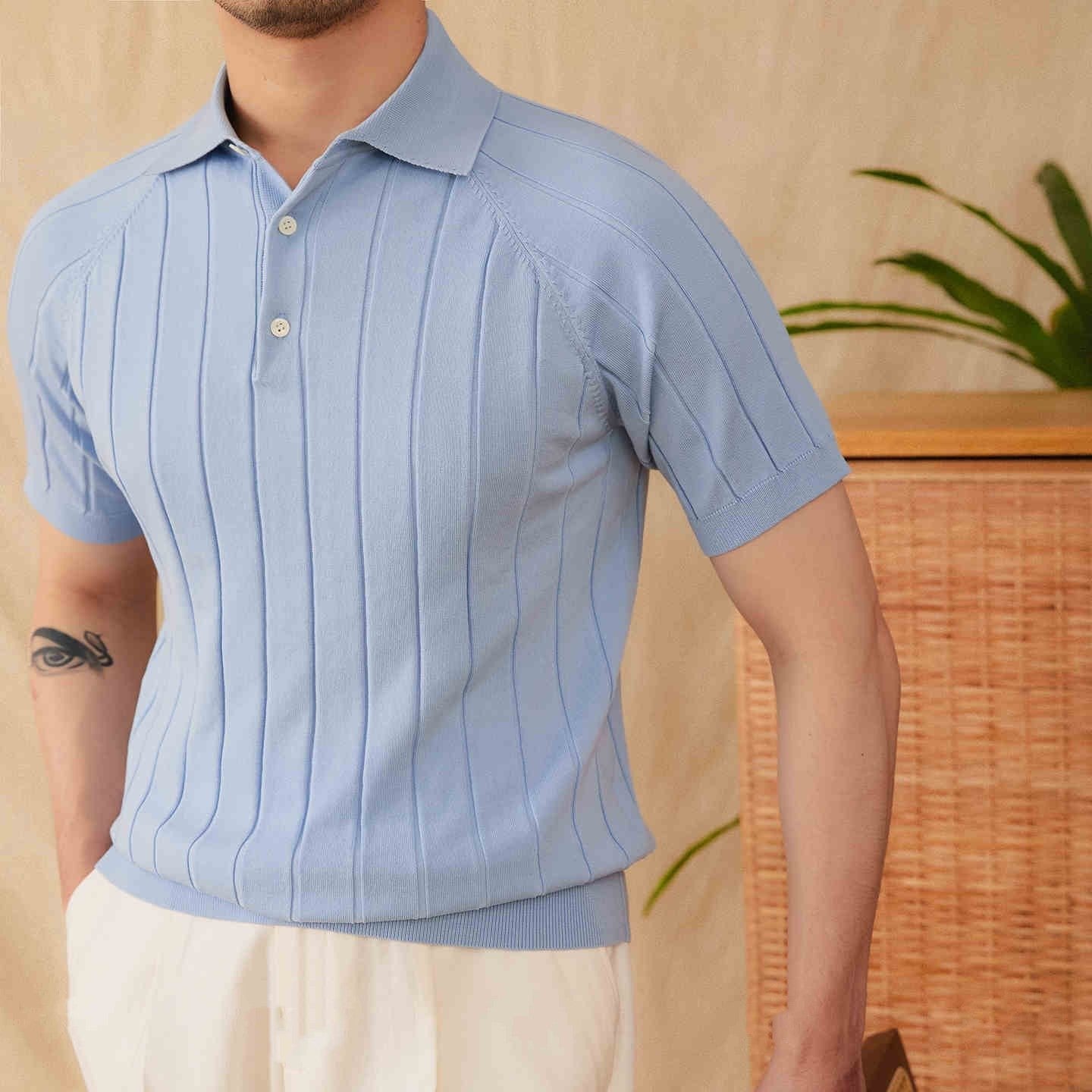 Men's Vertical Ribbed Raglan Polo Shirt - Stylish Casual Wear