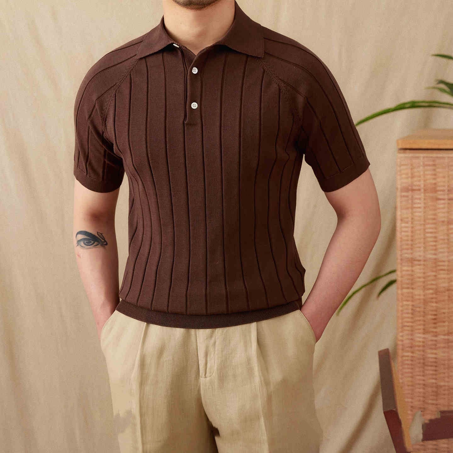 Men's Vertical Ribbed Raglan Polo Shirt - Stylish Casual Wear
