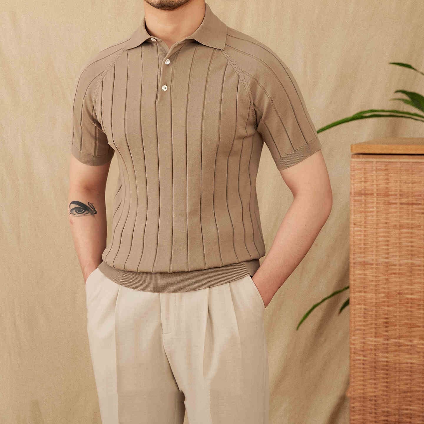 Men's Vertical Ribbed Raglan Polo Shirt - Stylish Casual Wear
