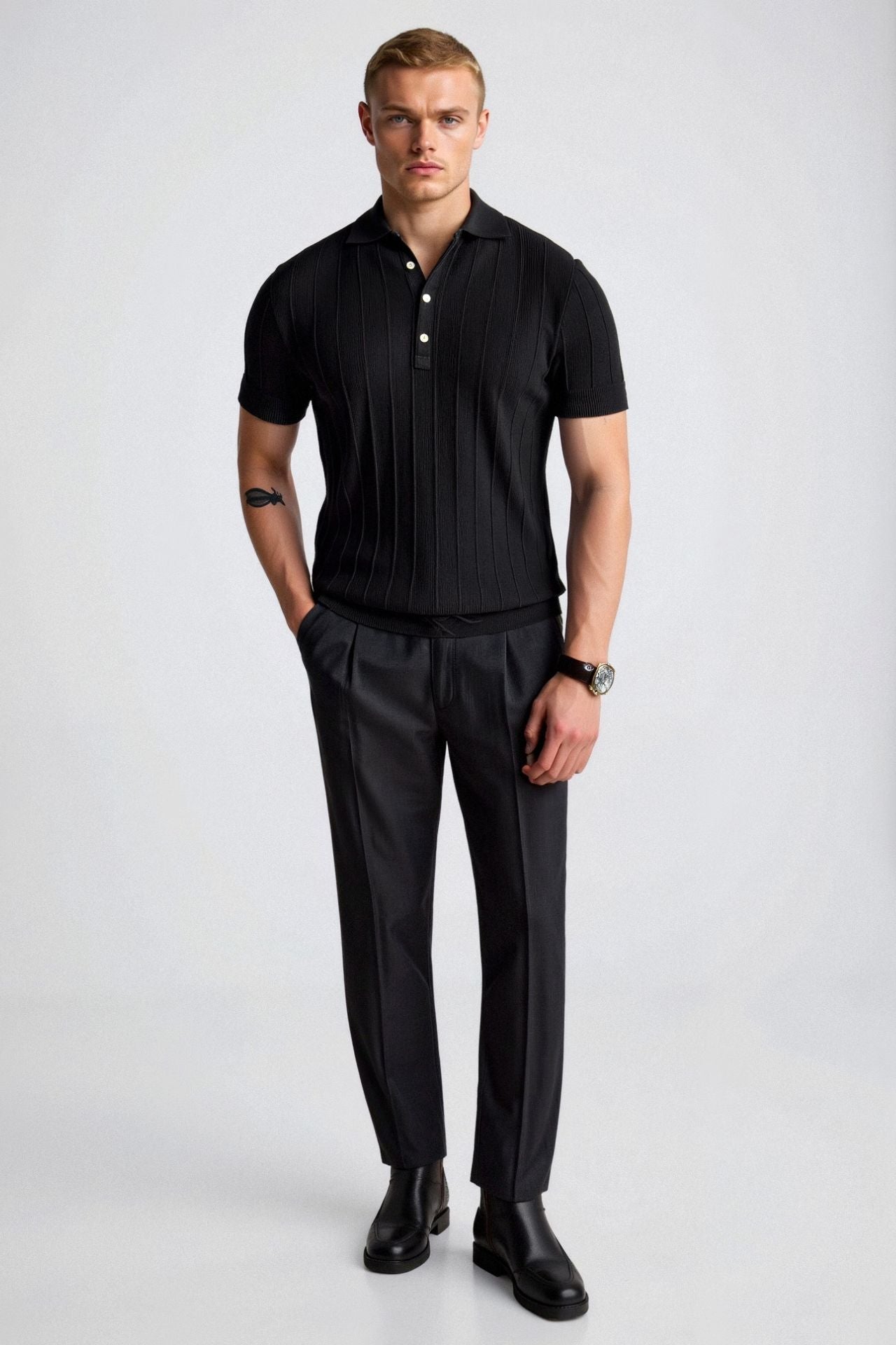 Men's Vertical Ribbed Raglan Polo Shirt - Stylish Casual Wear