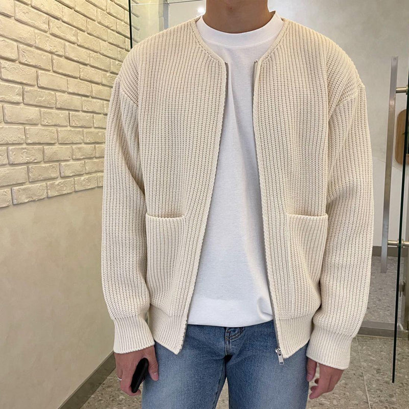 Men's Stylish Minimalist Zip-Up Cardigan - Round Neck Design with Ribbed Knit Texture