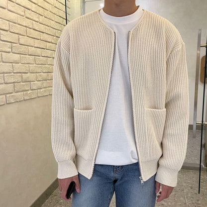 Men's Stylish Minimalist Zip-Up Cardigan - Round Neck Design with Ribbed Knit Texture