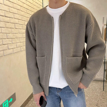 Men's Stylish Minimalist Zip-Up Cardigan - Round Neck Design with Ribbed Knit Texture
