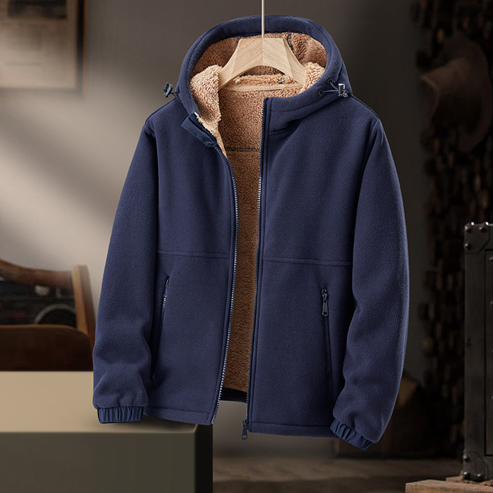 Men's Hooded Fleece Winter Jacket with Zippered Pockets for Cold Weather