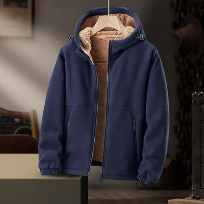Men's Hooded Fleece Winter Jacket with Zippered Pockets for Cold Weather